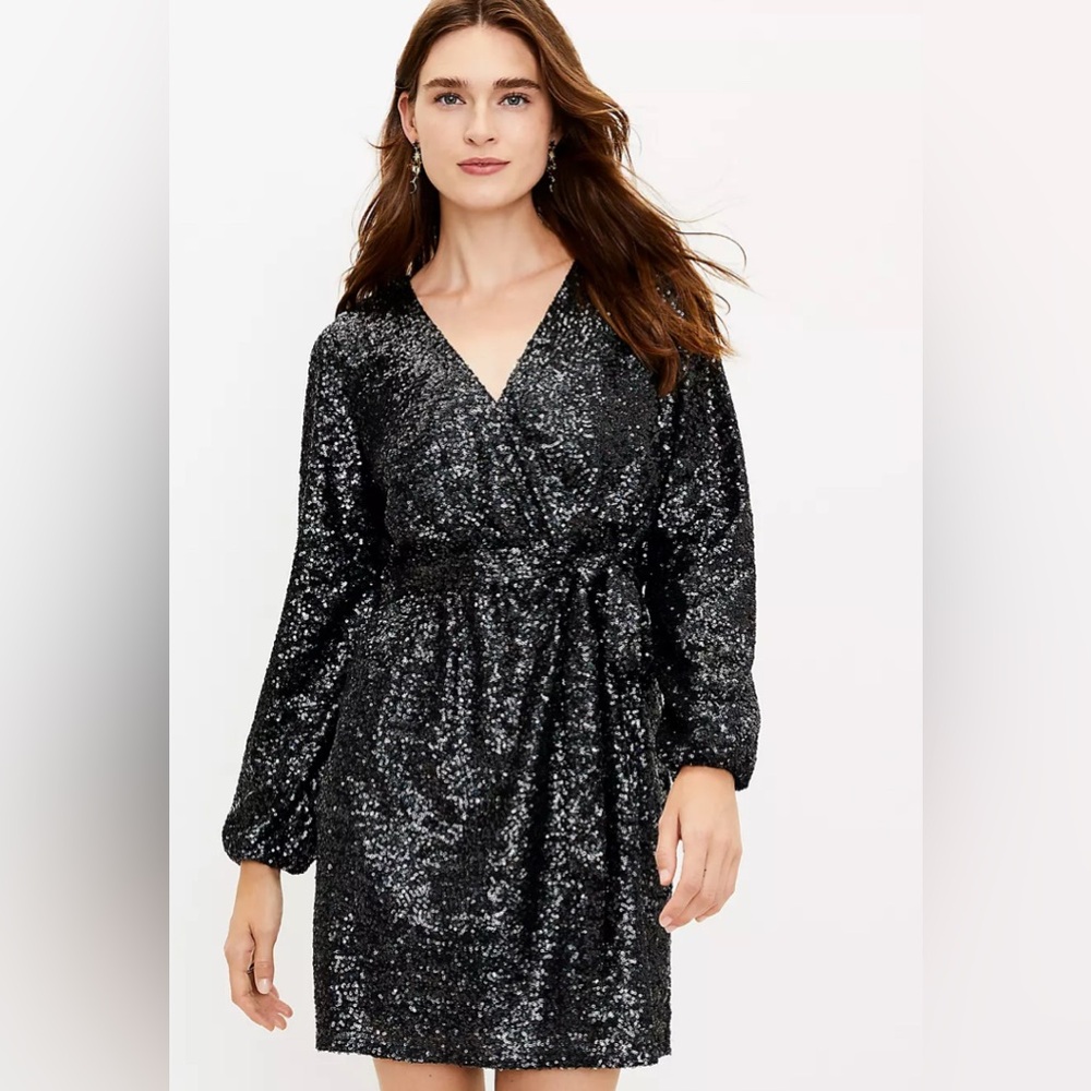 NEW Loft Sequin Black Faux Wrap Long Sleeve Mini Dress Size 0 NWT
